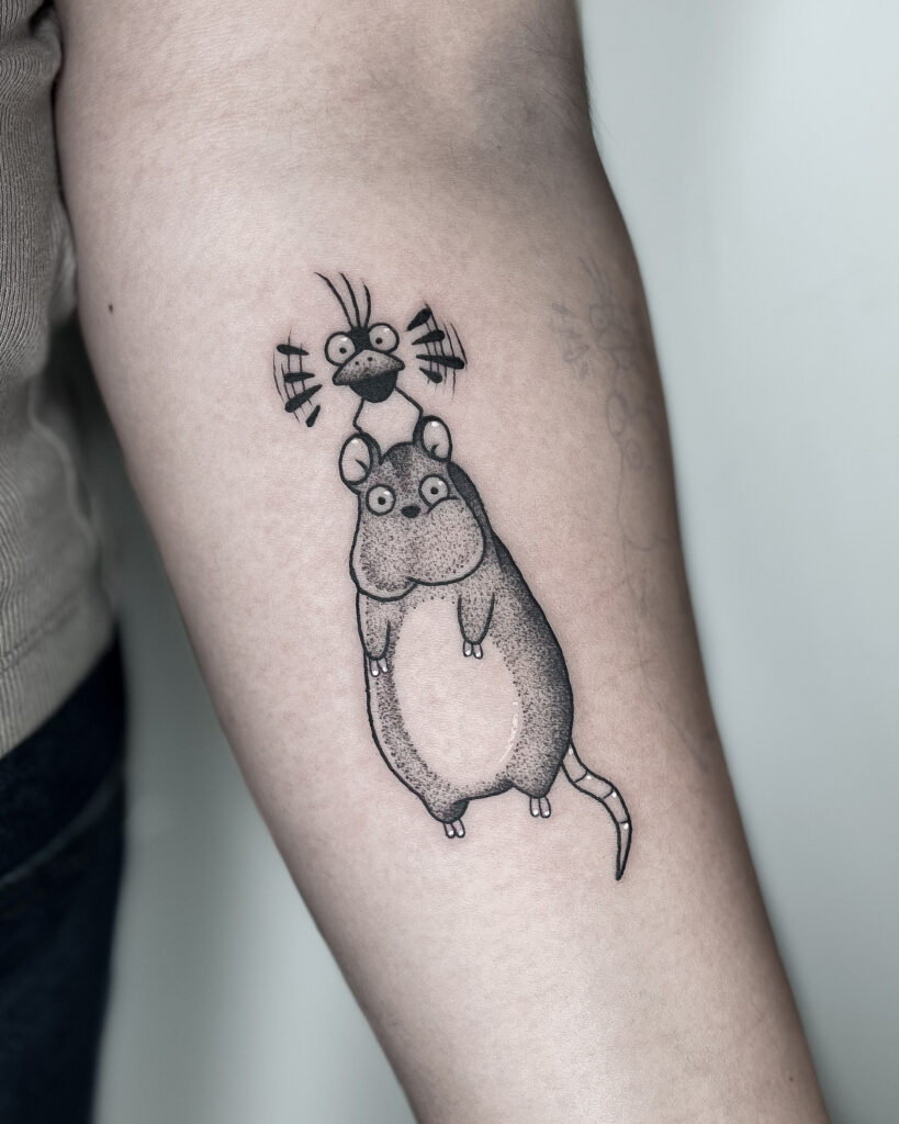 Black and grey tattoo of Boh from Studio Ghibli. Inked on the inner forearm with detailed dotwork shading, this whimsical design is perfect for Studio Ghibli fans and all fantasy creatures.
